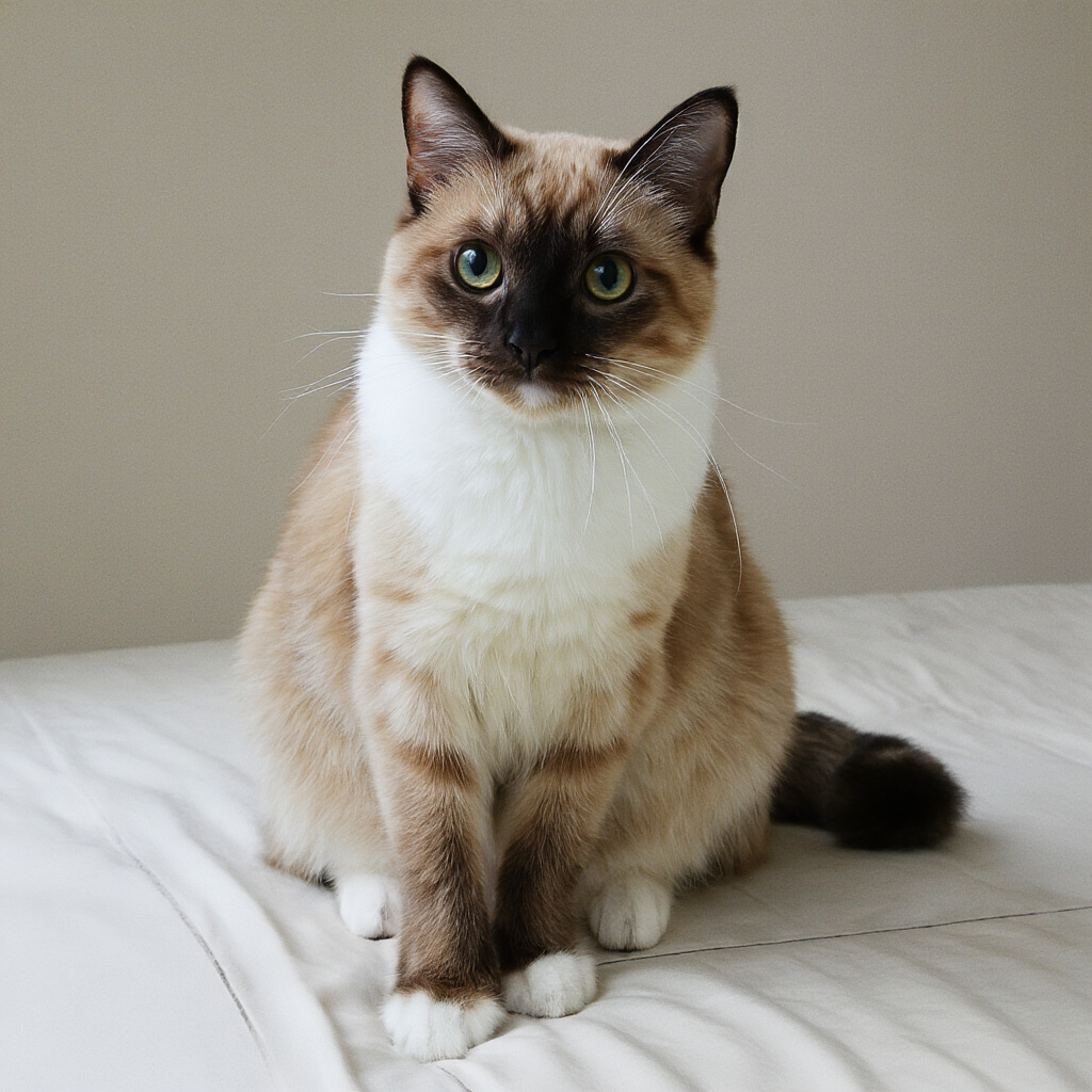 Gatto Birmano con colorazione point e guanti bianchi seduto elegantemente