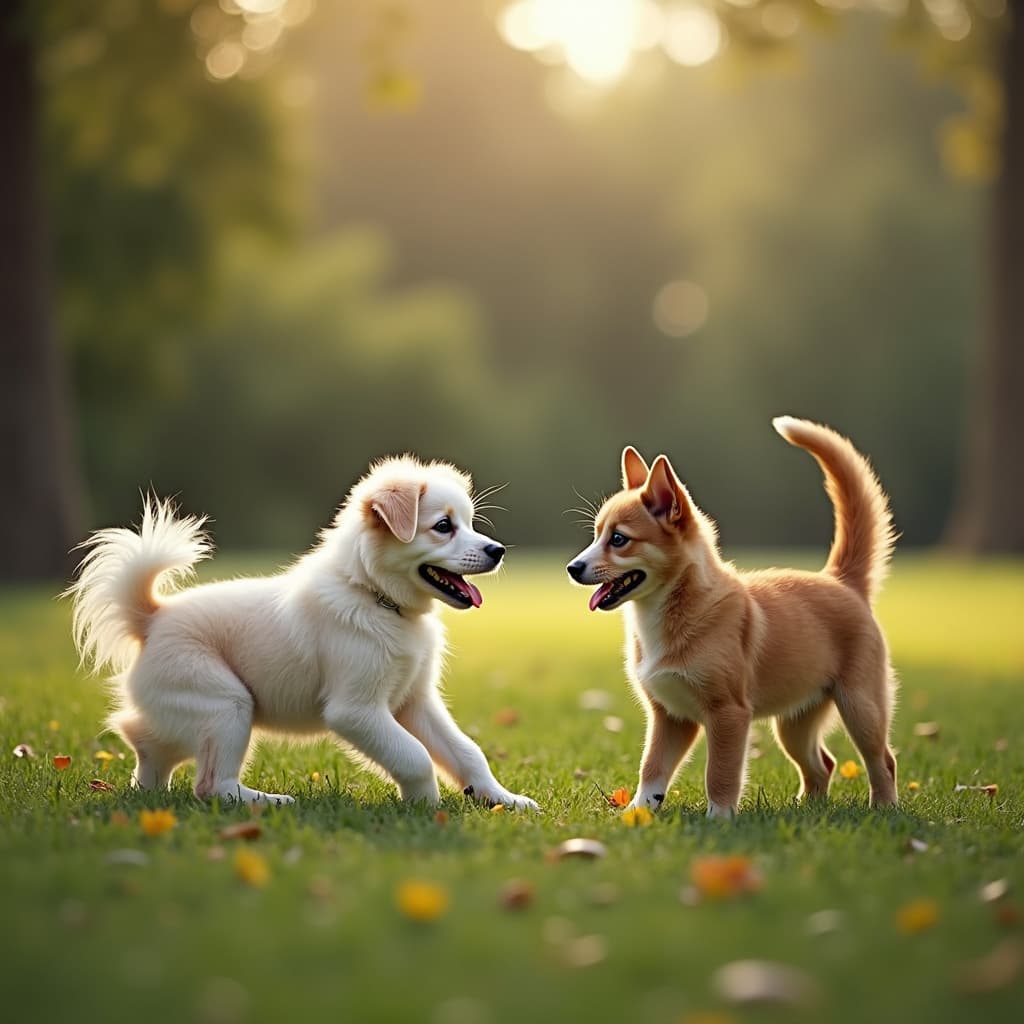 Cane e gatto in forma che giocano insieme nel parco