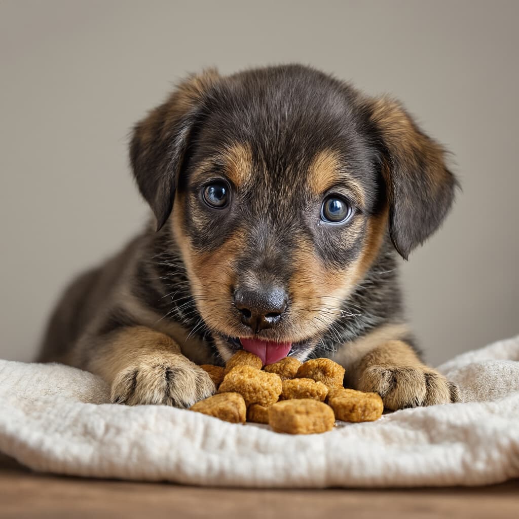 Cucciolo di cane durante il momento del pasto con cibo per svezzamento