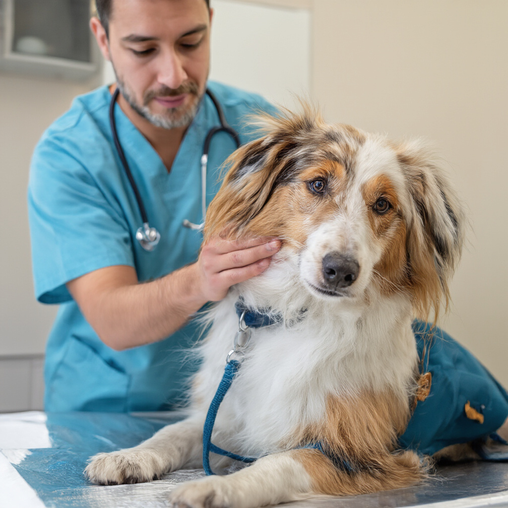 Proprietario che applica gocce auricolari al suo cane seguendo le istruzioni del veterinario