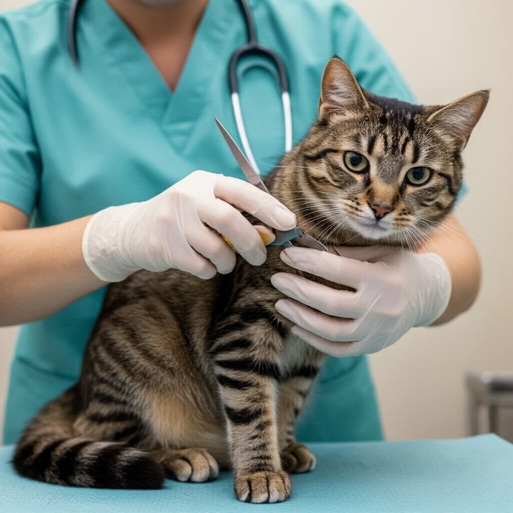 Veterinario che taglia delicatamente le unghie a un gatto arancione rilassato