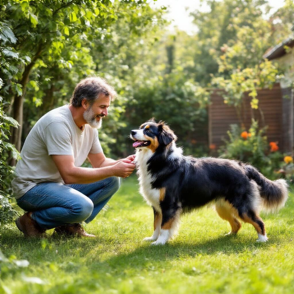 Proprietario che gioca con il cane in giardino per prevenire la noia