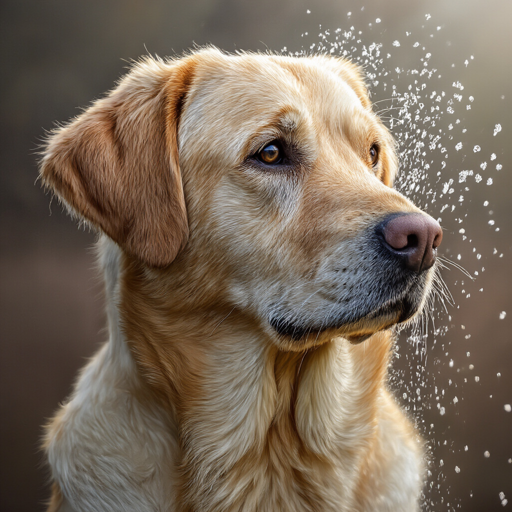 Proprietario che spazzola delicatamente il mantello di un Labrador Retriever yellow