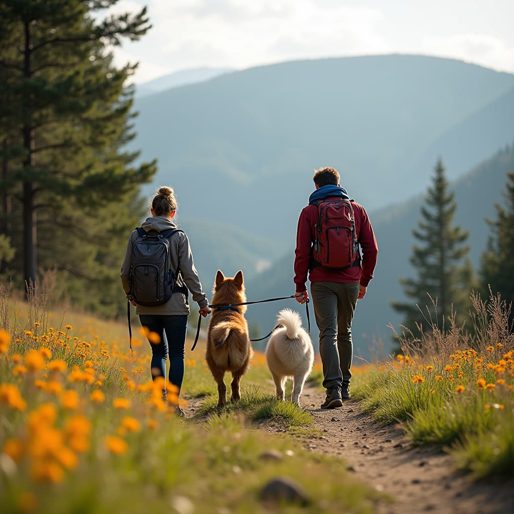 Famiglia che fa trekking in montagna con il proprio cane al guinzaglio, paesaggio naturale sullo sfondo