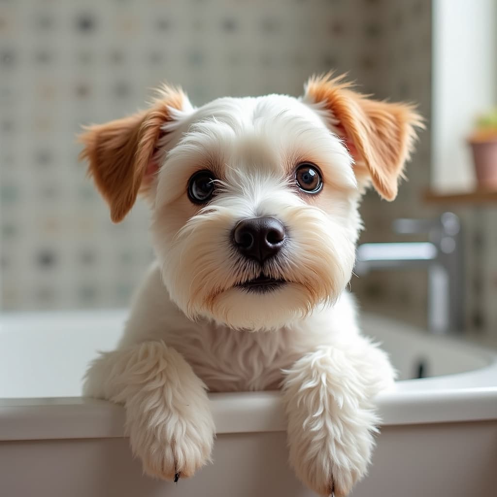 Proprietario che risciacqua accuratamente il pelo del cane durante il bagno