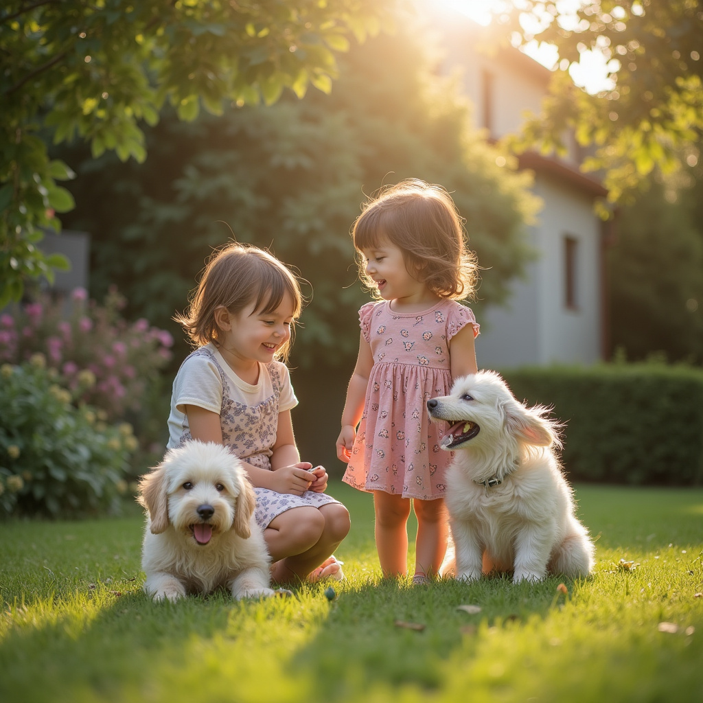 Famiglia felice al completo con bambini di diverse età che abbracciano il loro cane in giardino