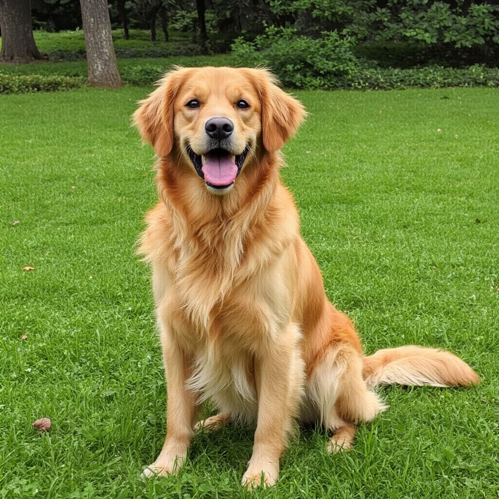 Golden Retriever adulto seduto in un prato verde con espressione felice
