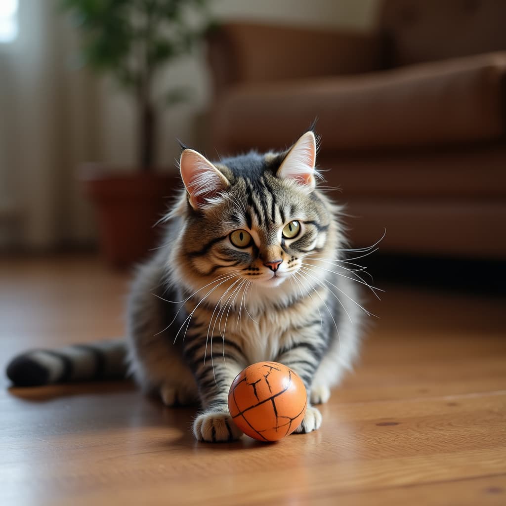 Gatto che gioca attivamente con un giocattolo interattivo in casa