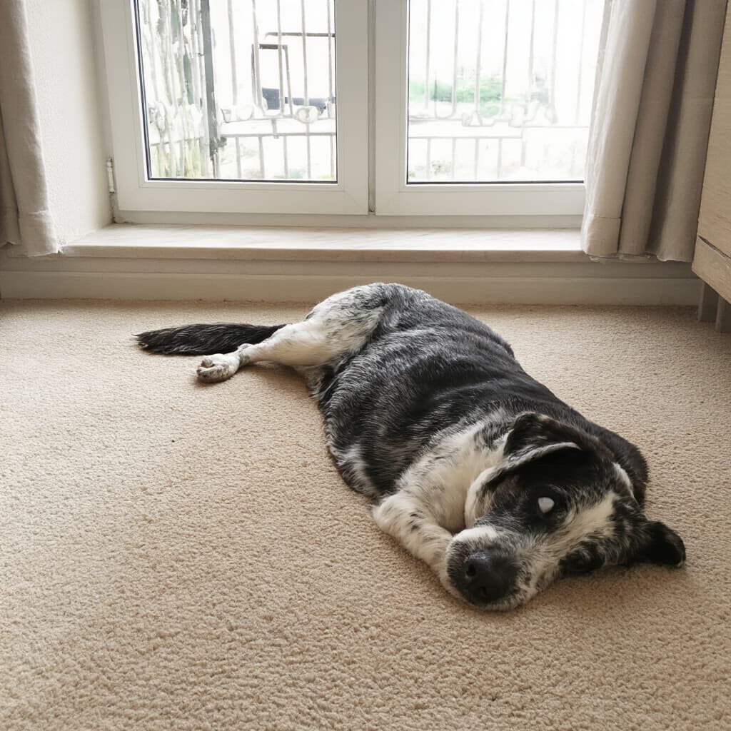 Cane annoiato sdraiato sul pavimento con espressione triste