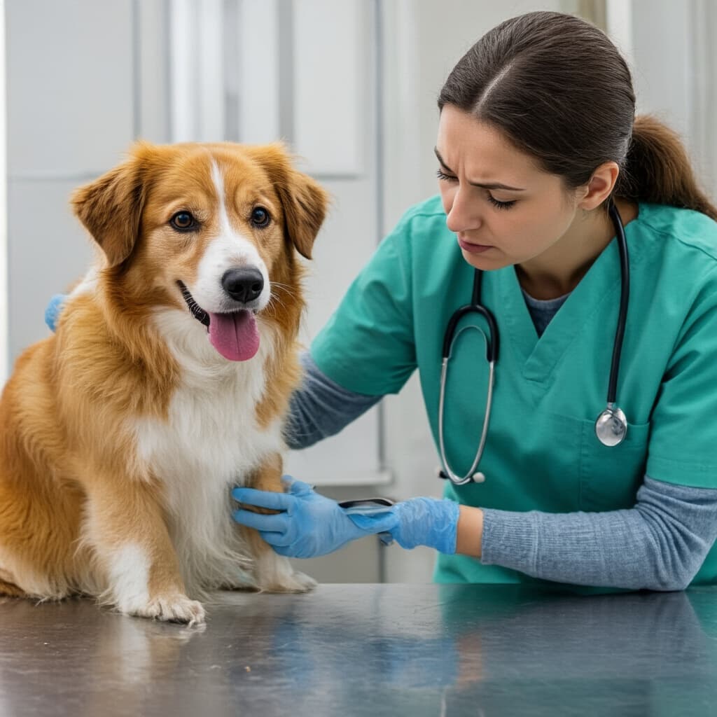 Cane dal veterinario durante visita per gastrite con proprietario preoccupato