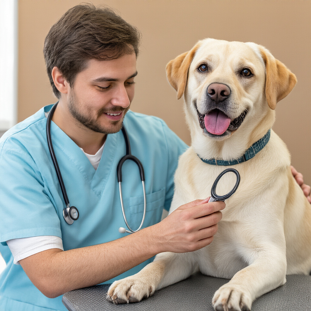 Veterinario che esamina un Labrador Retriever durante una visita di controllo