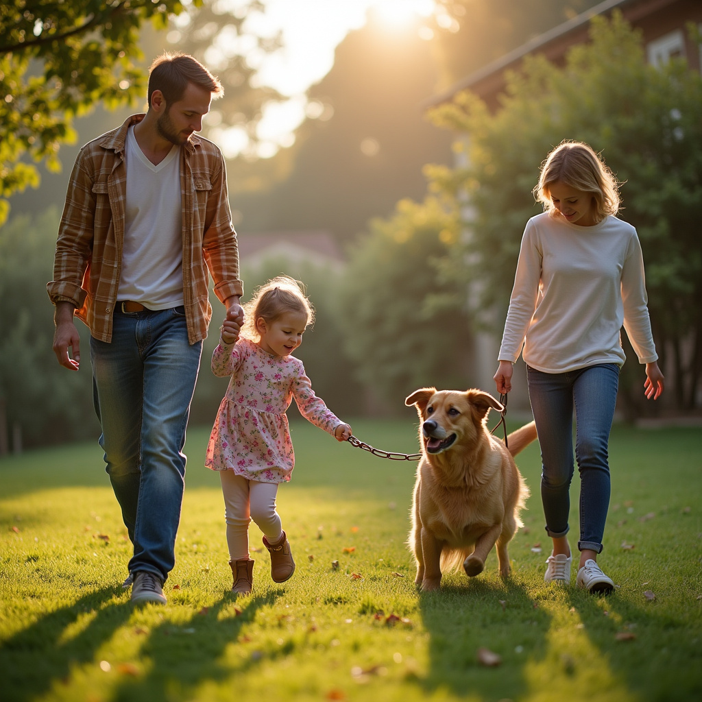 Famiglia che addestra insieme un cane nel giardino di casa con bambini che osservano attentamente