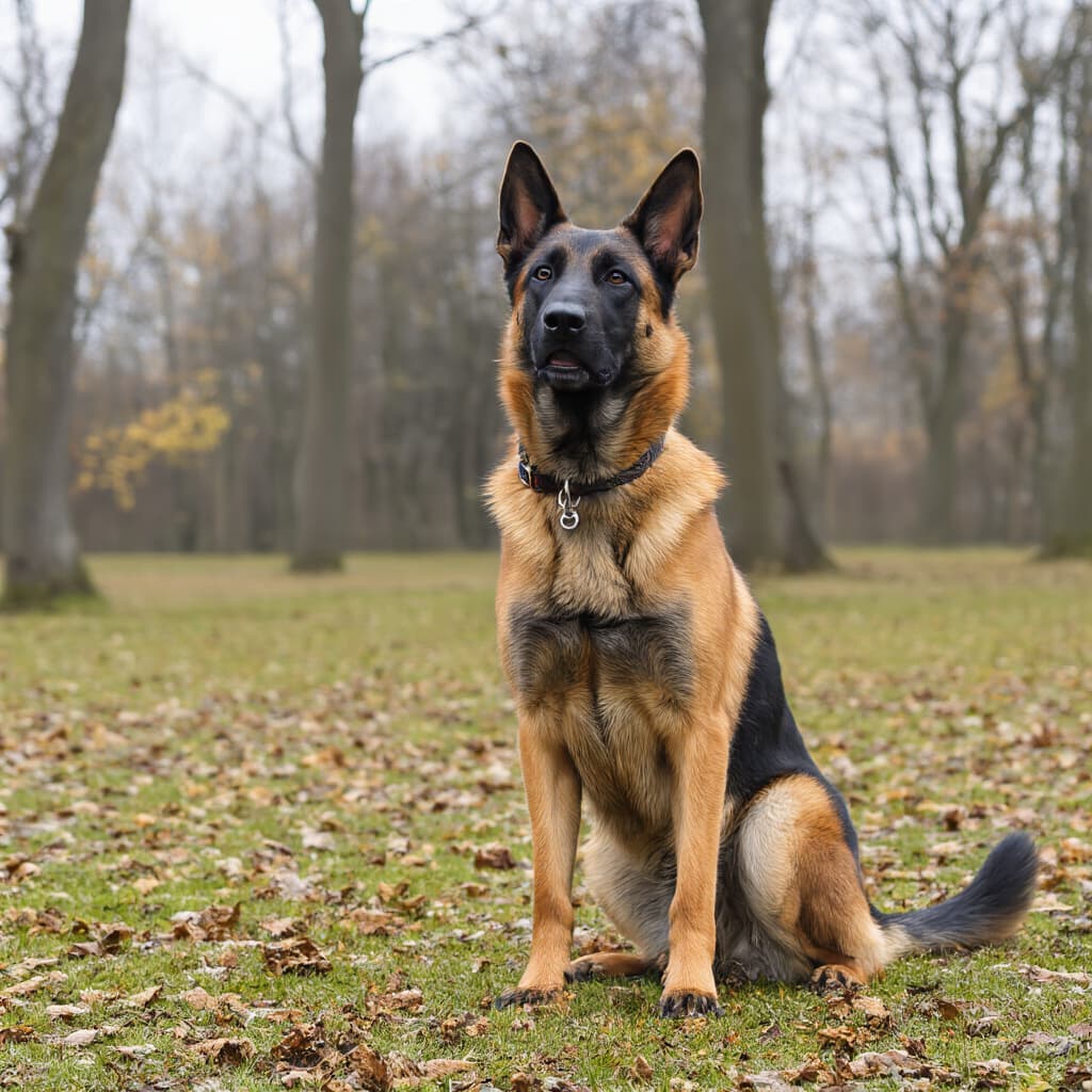 Pastore Belga Malinois adulto in posizione di attenzione in un parco