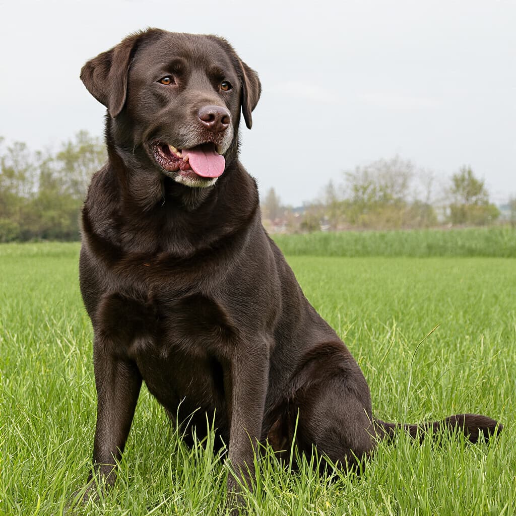 Labrador Retriever adulto seduto in un prato verde con espressione amichevole