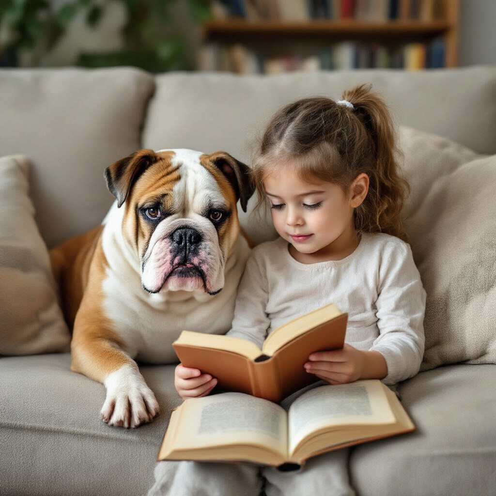 Bulldog francese seduto accanto a una bambina che legge un libro sul divano