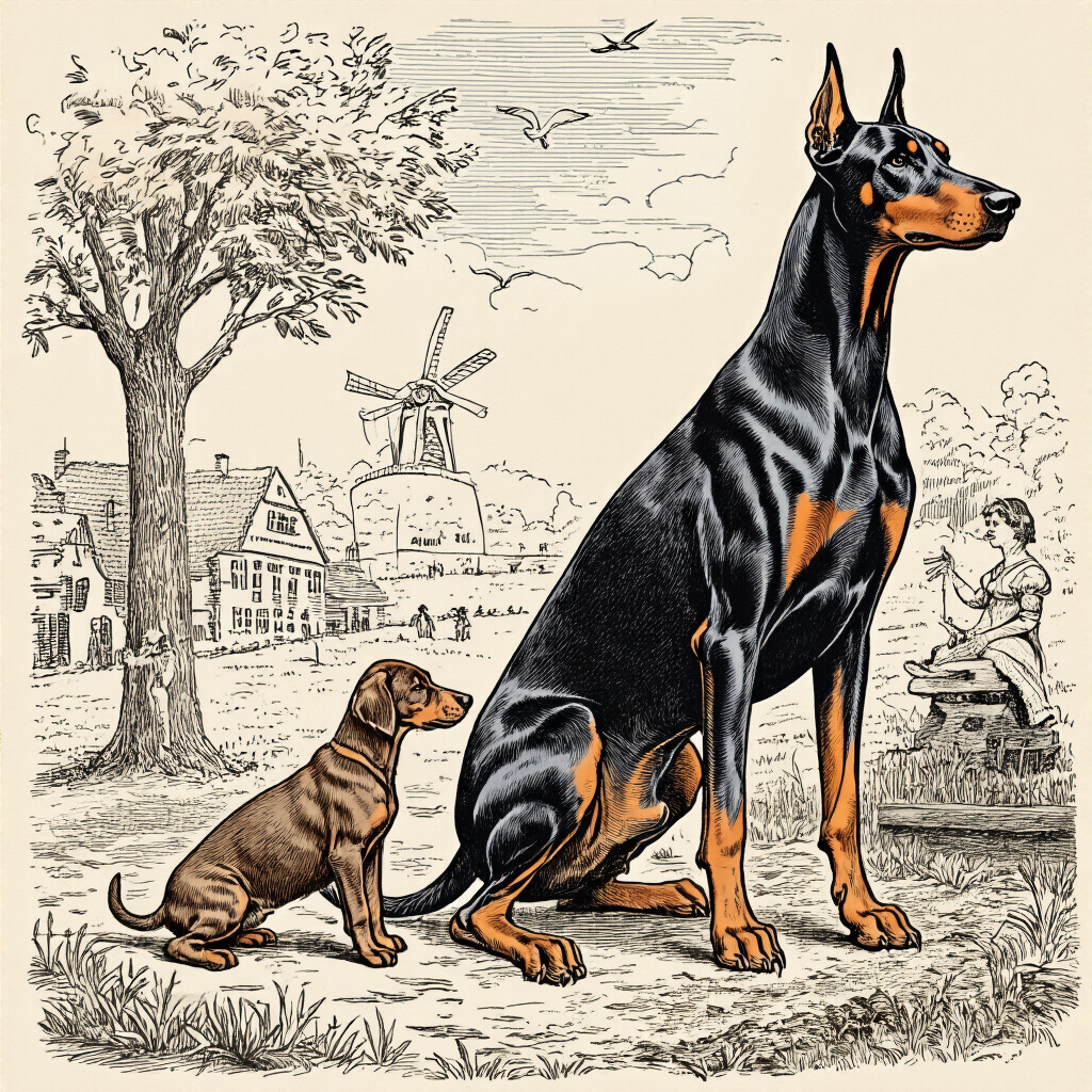 Illustrazione storica che mostra l'evoluzione del Doberman dalle sue origini tedesche