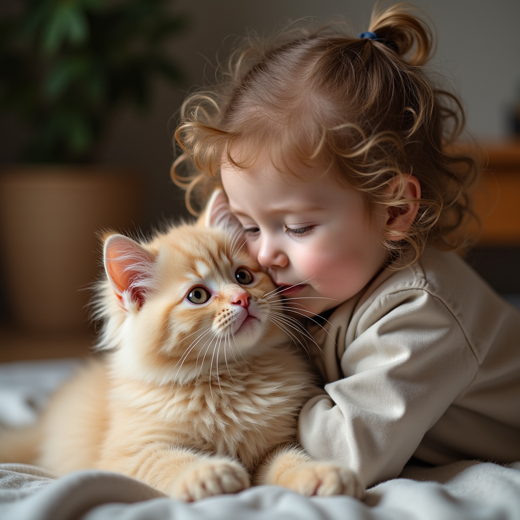 Bambina che spazzola delicatamente il pelo di un gatto persiano